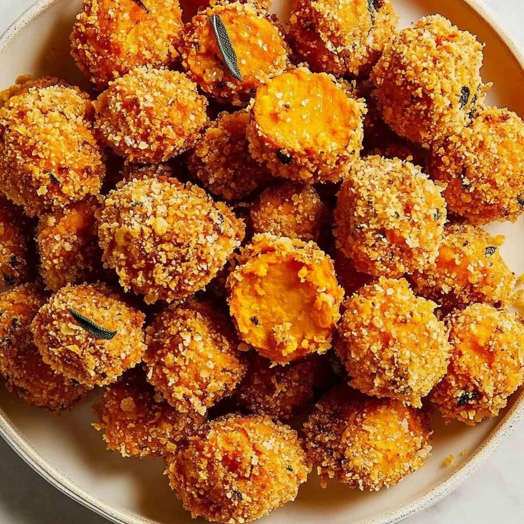 Crispy sweet potato nuggets served on a plate with a dip