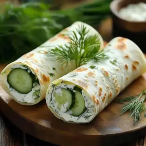 Delicious cucumber cottage cheese wrap served on a plate with fresh herbs