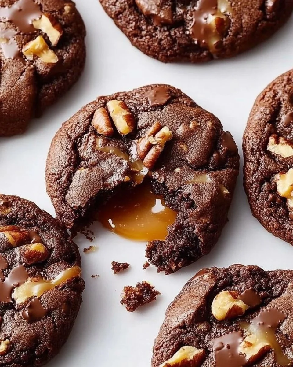 Decadent chocolate turtle cookies topped with caramel and pecans
