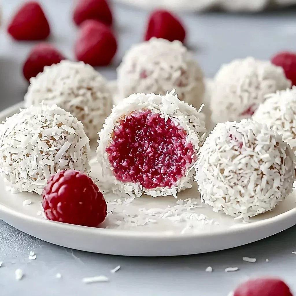 Decadent raspberry coconut truffles on a wooden plate garnished with coconut flakes.
