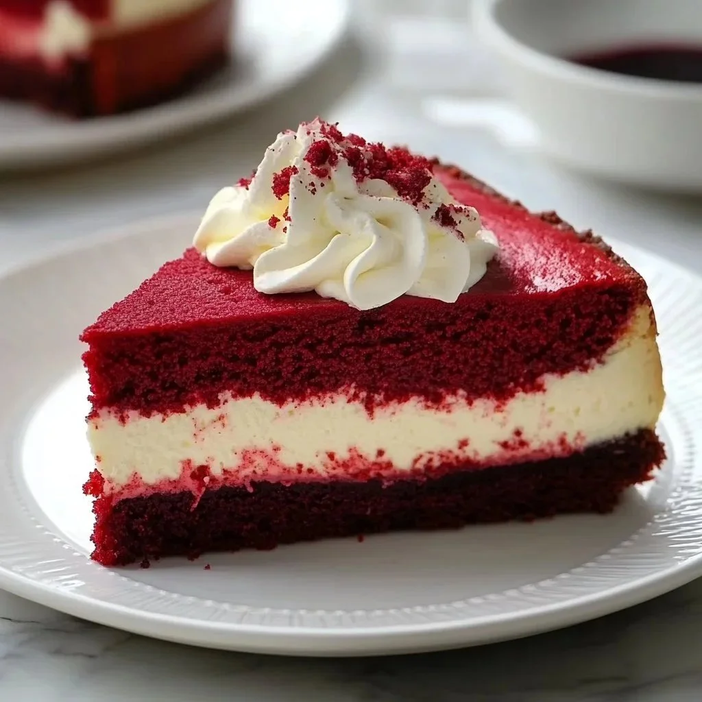 Decadent red velvet cheesecake with cream cheese frosting and vibrant red layers