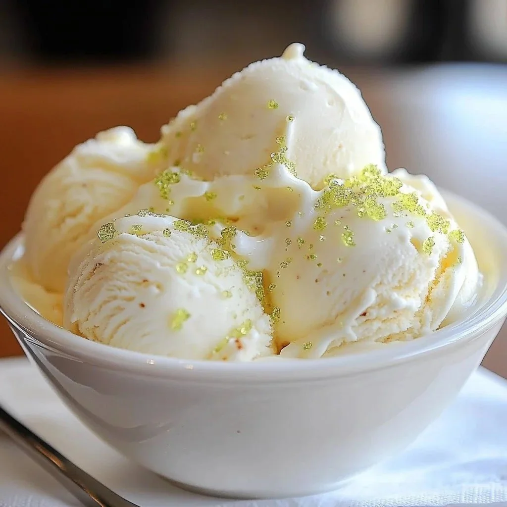 Bowl of easy key lime pie ice cream topped with lime slices and whipped cream