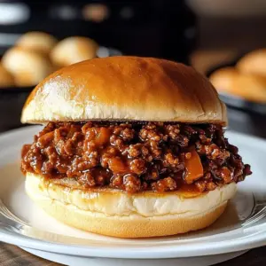 Easy slow-cooker sloppy joes served on a plate with toppings.