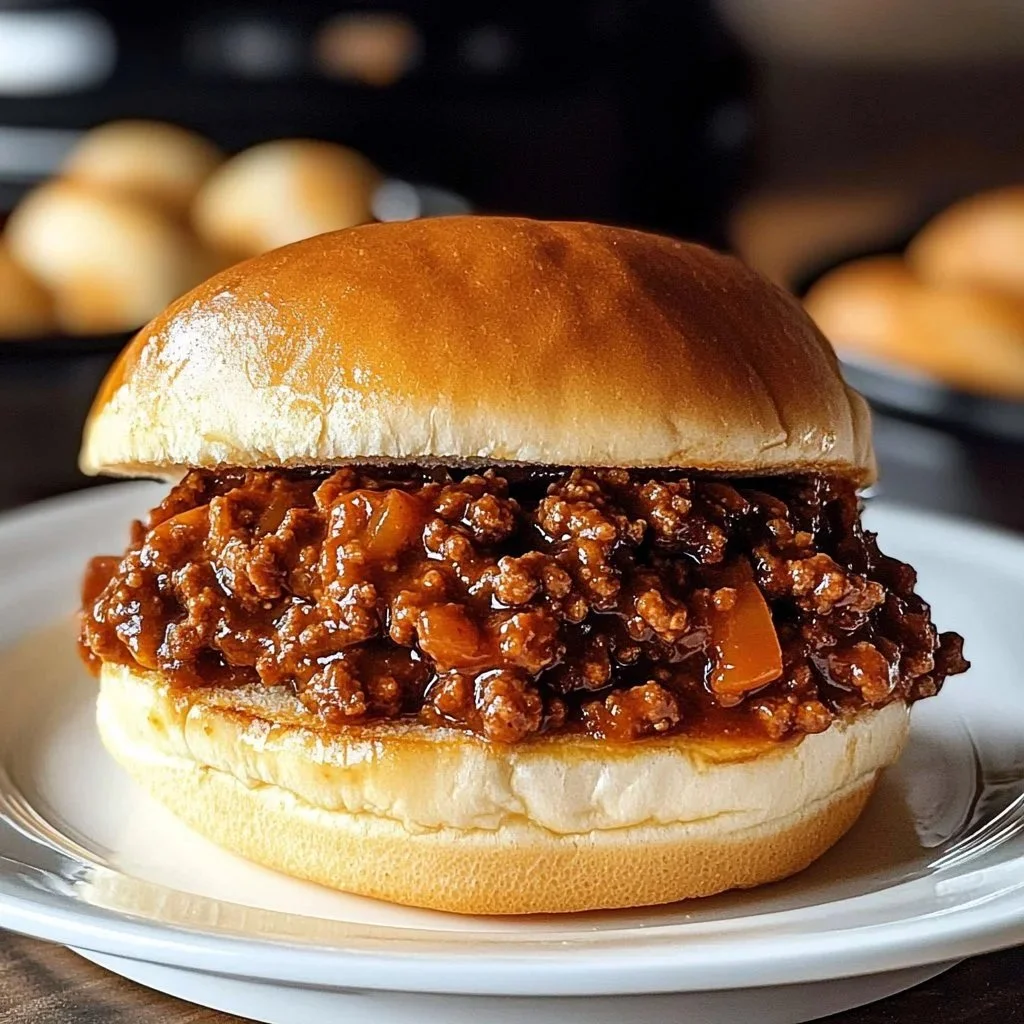 Easy slow-cooker sloppy joes served on a plate with toppings.