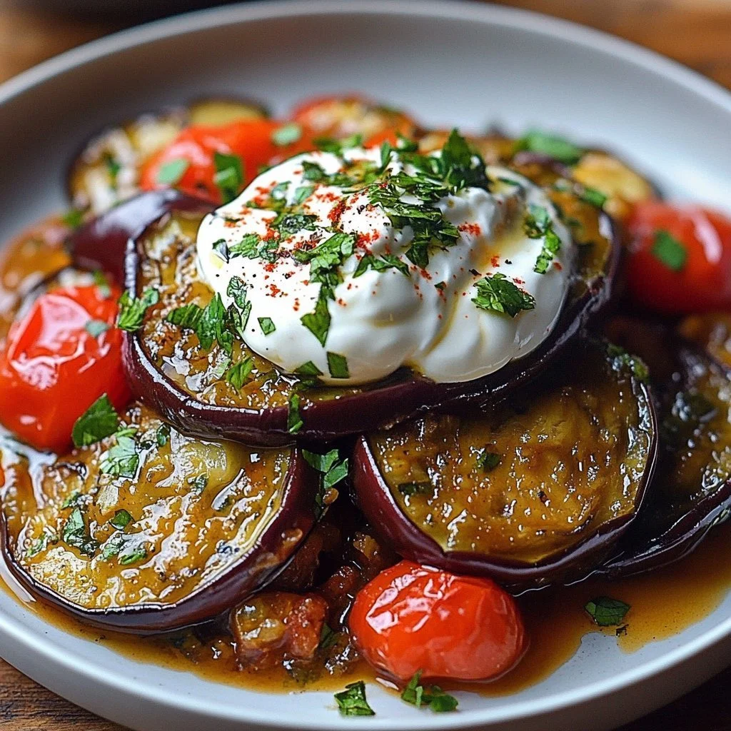 Dish of Eggplant Borani served with yogurt and spices