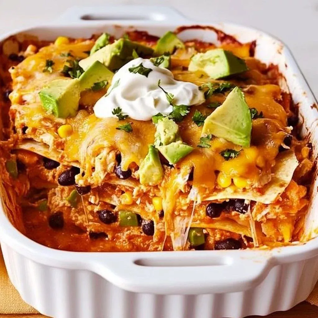 A hearty family favorite enchilada casserole topped with cheese and herbs