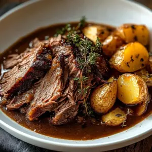Delicious slow cooker pot roast served with vegetables and gravy