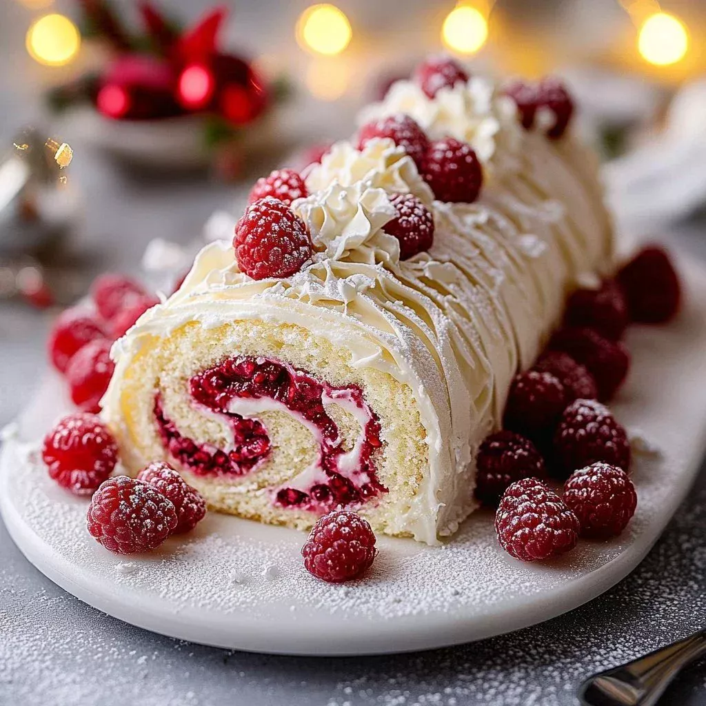 Festive white chocolate raspberry yule log decorated for the holidays