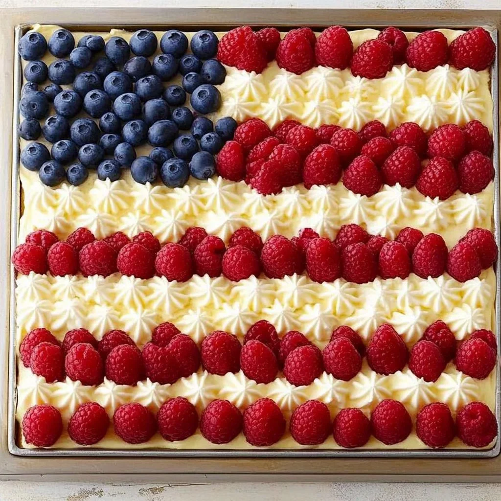 Colorful Flag Cake decorated with berries and whipped cream for festive celebrations