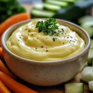 Homemade garlic aioli sauce served in a bowl with fresh ingredients
