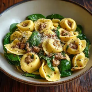 Delicious Garlic Butter Beef Tortellini served with fresh spinach