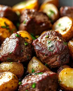 Garlic Butter Steak Bites with Potatoes served on a plate