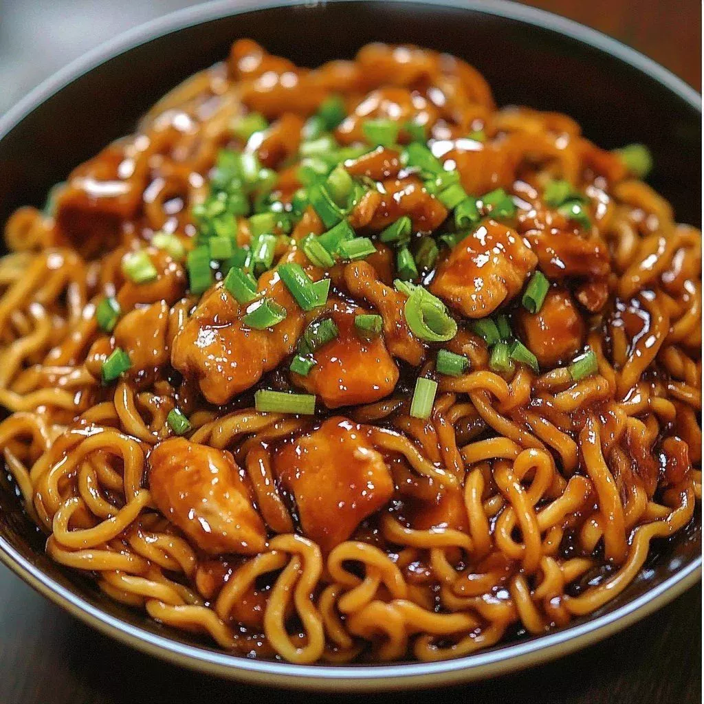 Delicious Garlic-Glazed Chicken Noodles garnished with vegetables