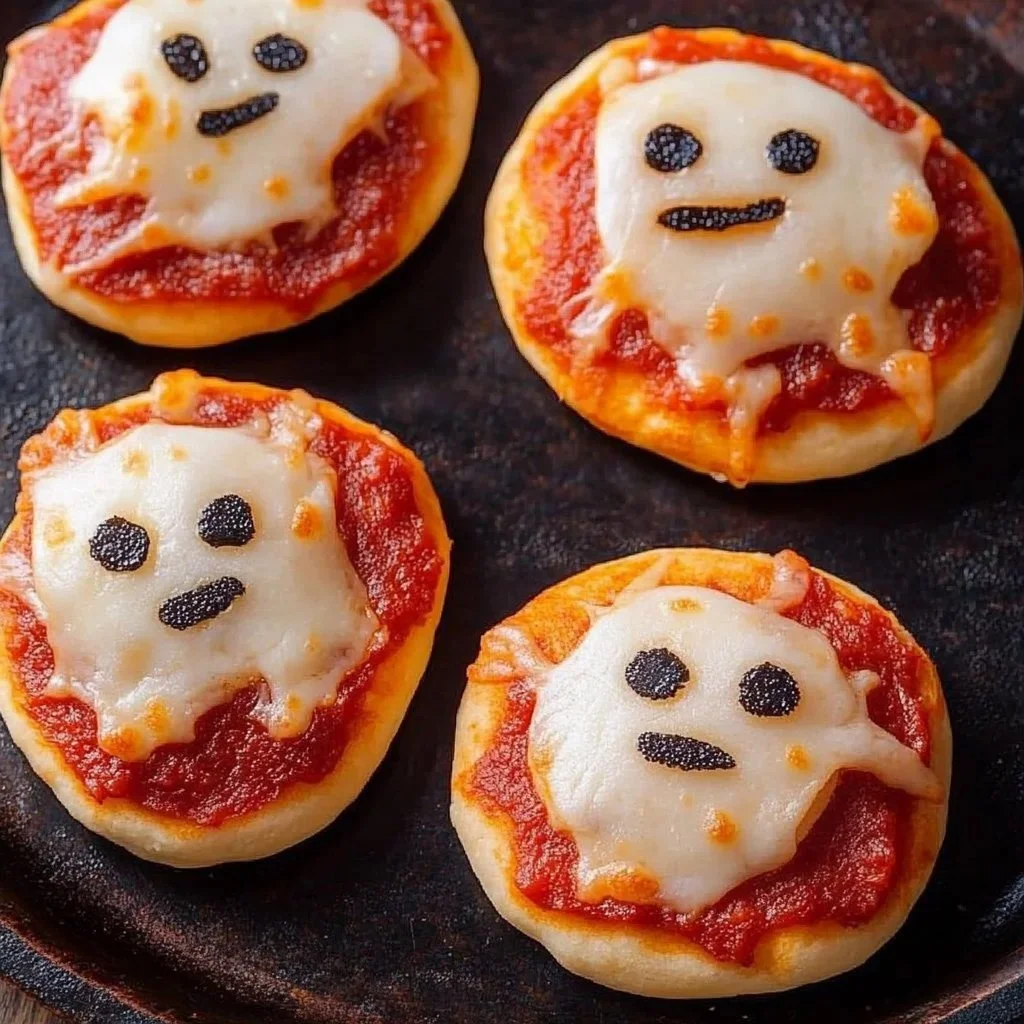Spookily topped ghostly pizza bagels for Halloween festivities.