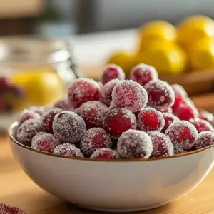 A close-up of glittering sugared cranberries for festive decorations