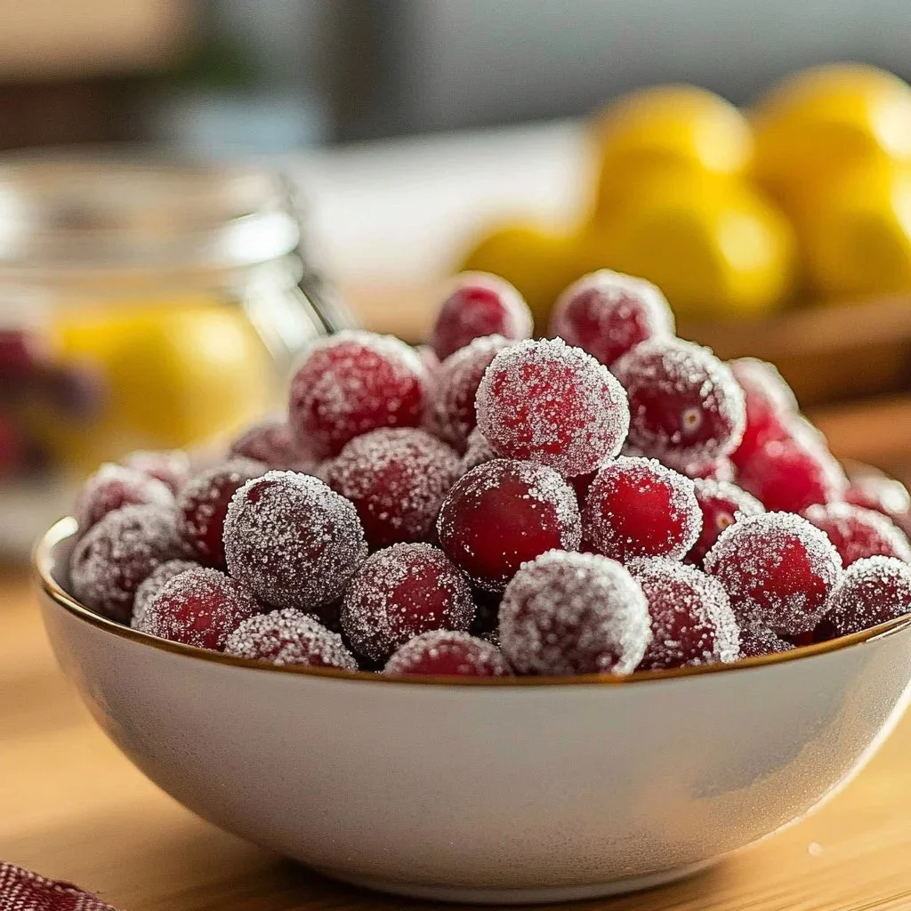 A close-up of glittering sugared cranberries for festive decorations