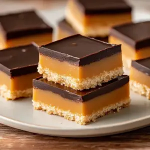 Golden Caramel Chocolate Shortbread Bars on a plate, showcasing rich layers of chocolate and caramel.