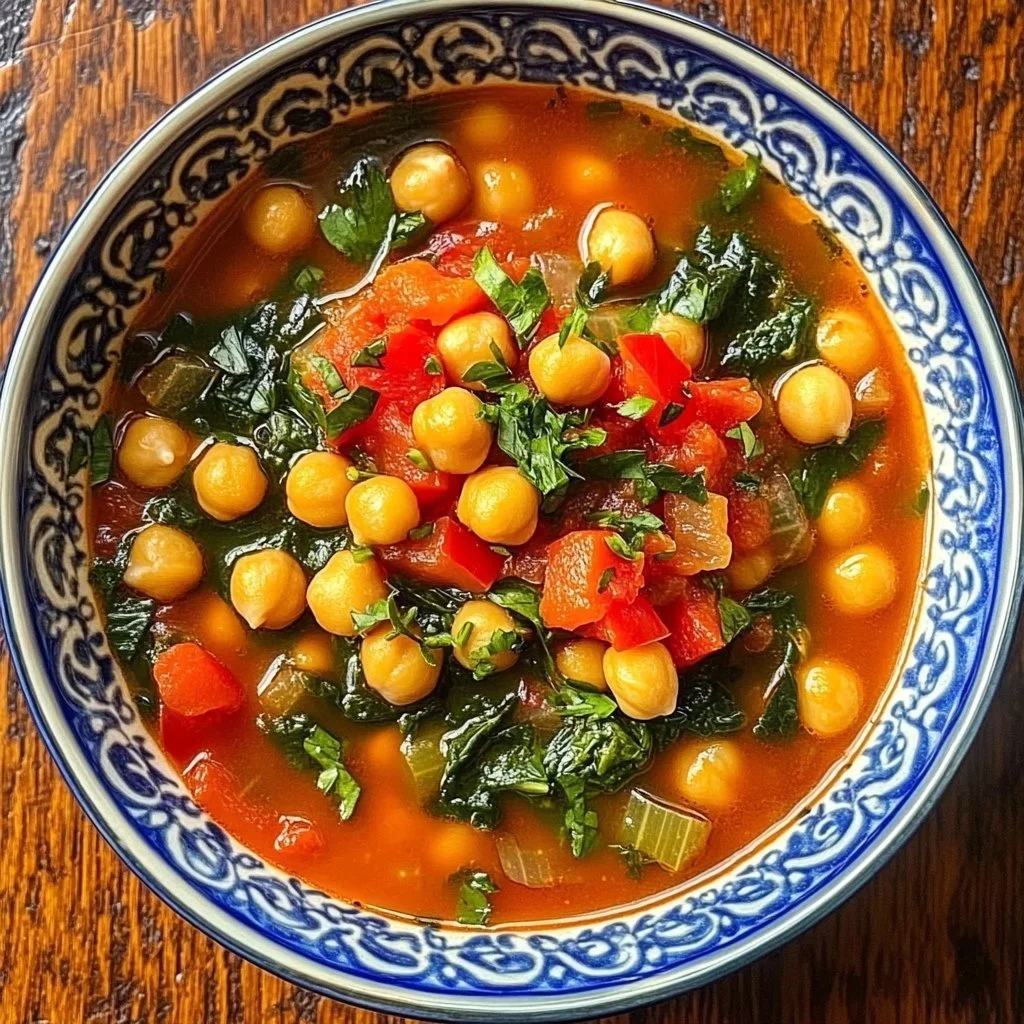 Bowl of Greek chickpea soup garnished with herbs and lemon.