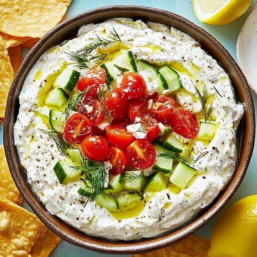 Delicious Greek feta dip served with fresh vegetables and pita bread