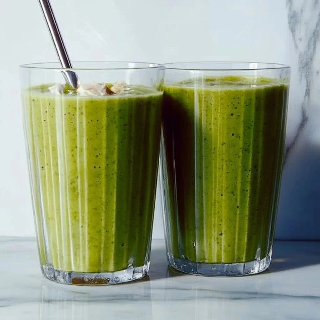 A vibrant green smoothie in a glass, filled with fruits and leafy greens for a healthy boost.