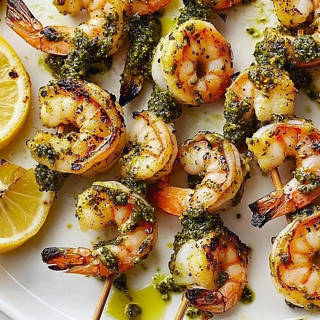 Grilled shrimp skewers brushed with pesto sauce on a barbecue grill