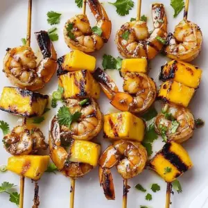 Grilled shrimp skewers with mango slices on a plate