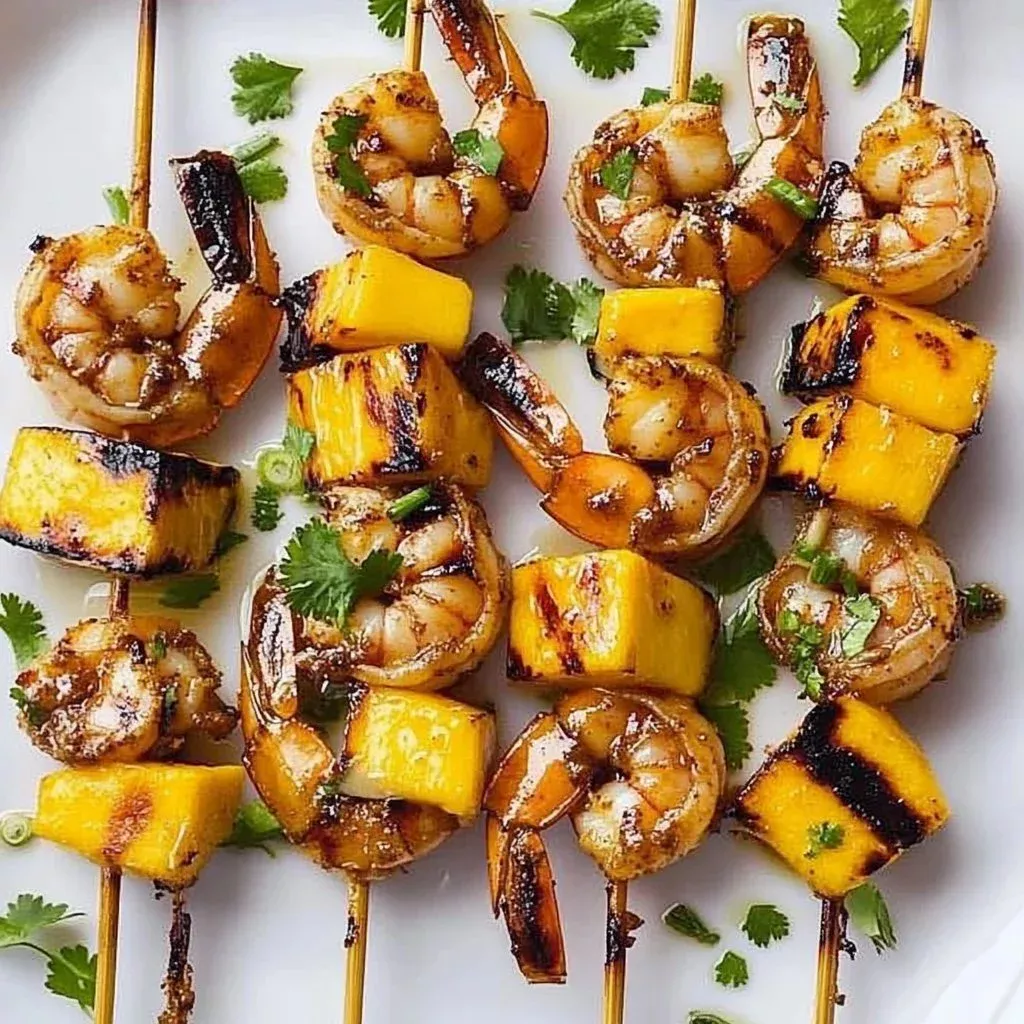 Grilled shrimp skewers with mango slices on a plate