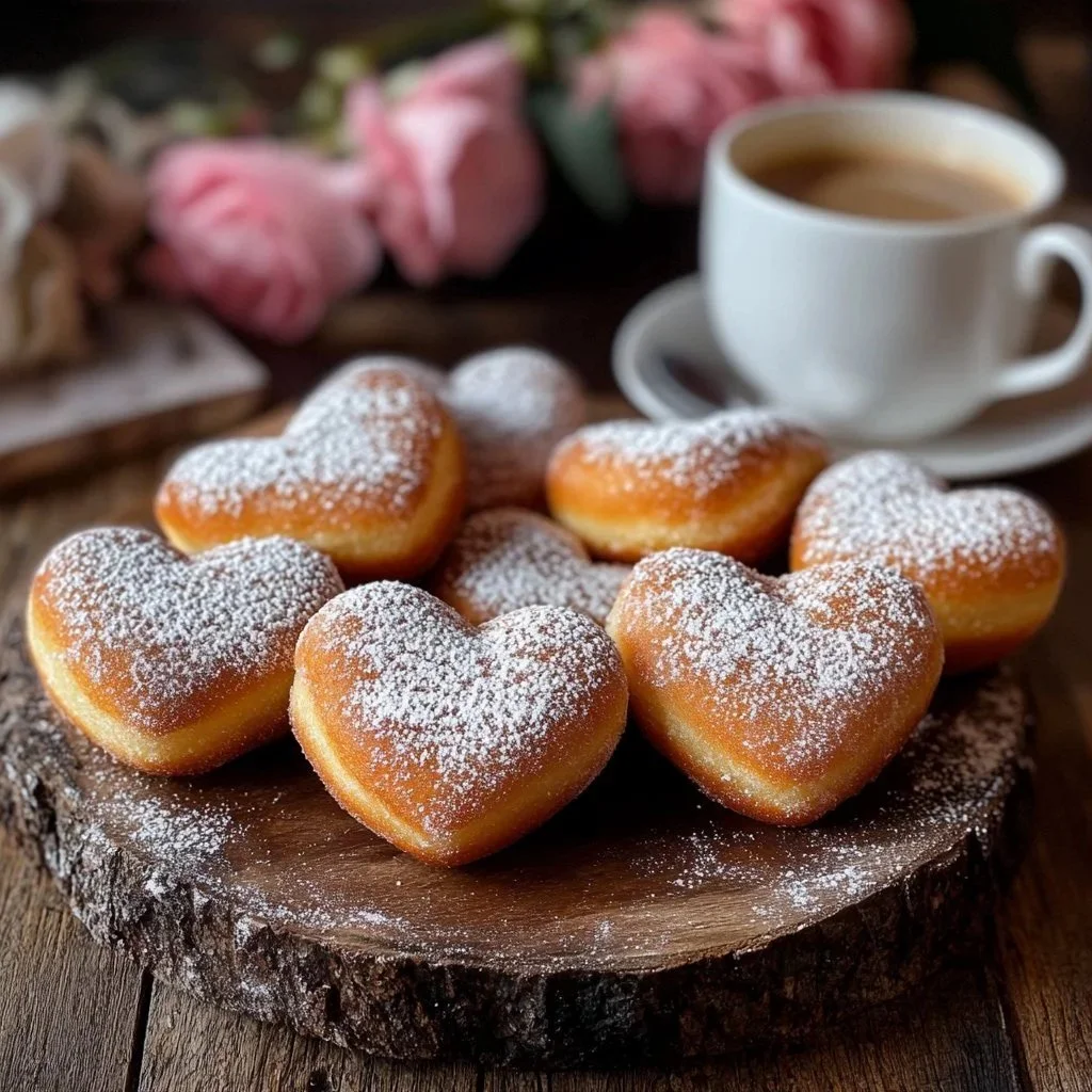 Heart-shaped sugar donuts dusted with powdered sugar for a sweet delight.