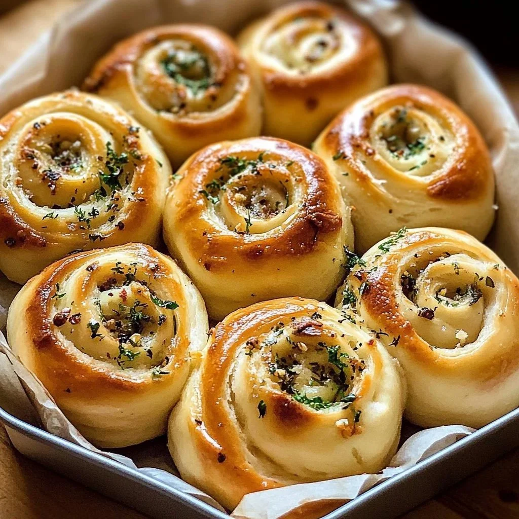 Freshly baked Garlic Swirl Rolls topped with herbs and butter