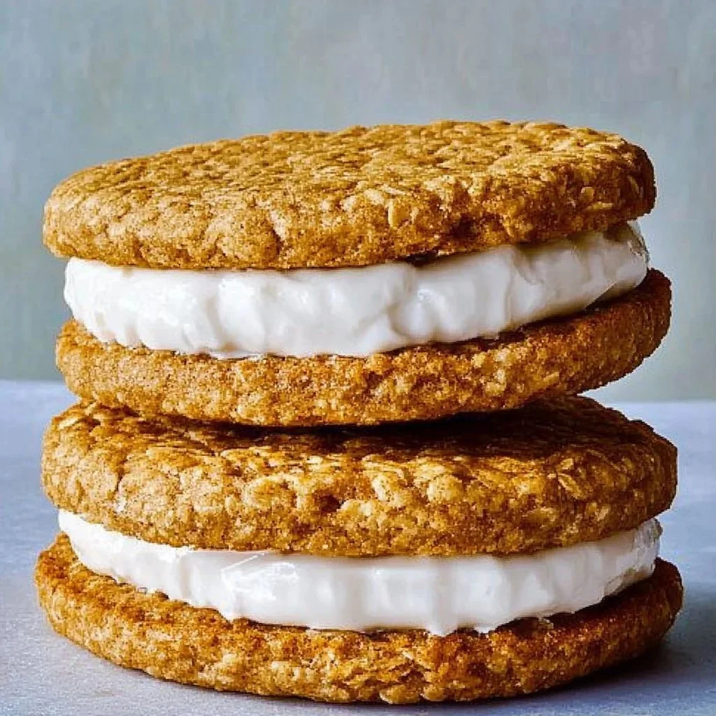 Homemade copycat oatmeal creme pies filled with creamy frosting