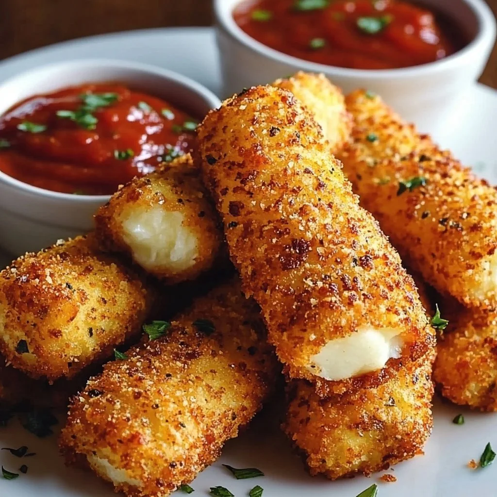 Plate of homemade crispy mozzarella sticks served with marinara sauce.