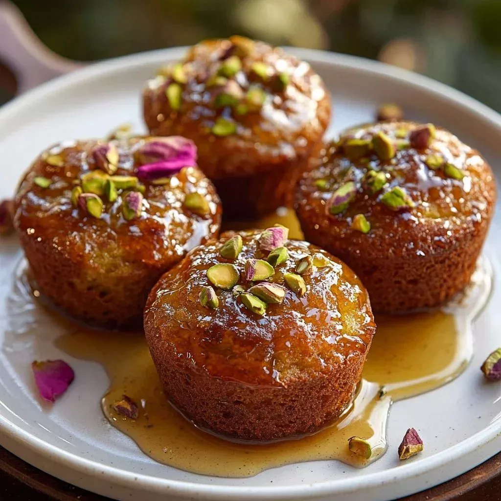 Honey-drizzled baklava muffins topped with nuts and syrup.