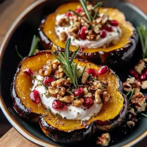Honey-glazed acorn squash topped with goat cheese on a rustic wooden table.