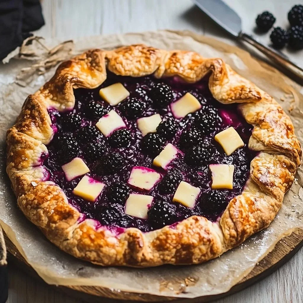 Honey-glazed blackberry feta galette topped with fresh blackberries and herbs.