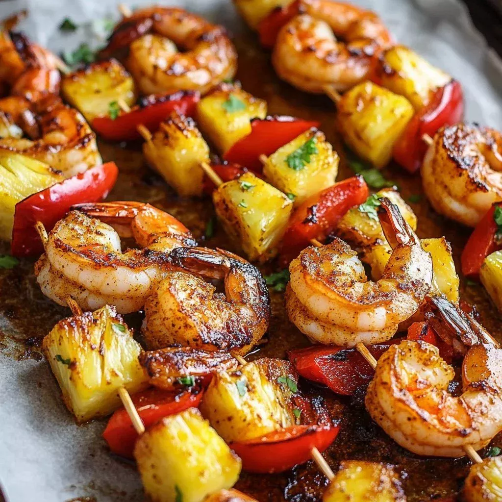 Jamaican jerk shrimp skewers on a grill, vibrant spices and fresh ingredients
