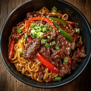 Delicious spicy gochujang beef noodles in a bowl garnished with green onions