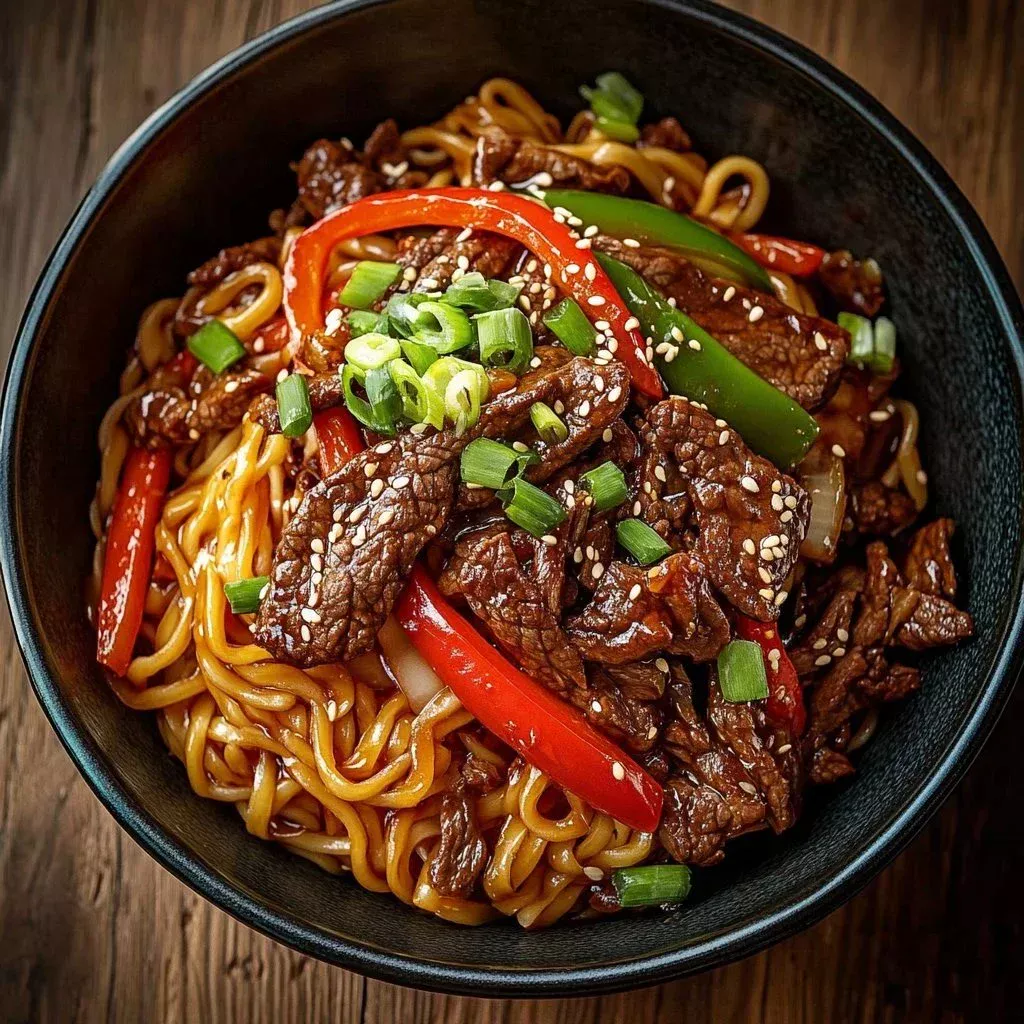 Delicious spicy gochujang beef noodles in a bowl garnished with green onions