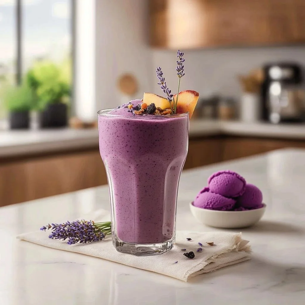 Lavender infused purple sweet potato smoothie served in a glass