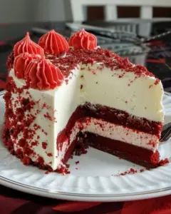 Layered red velvet white chocolate cheesecake with rich creamy texture and red color.