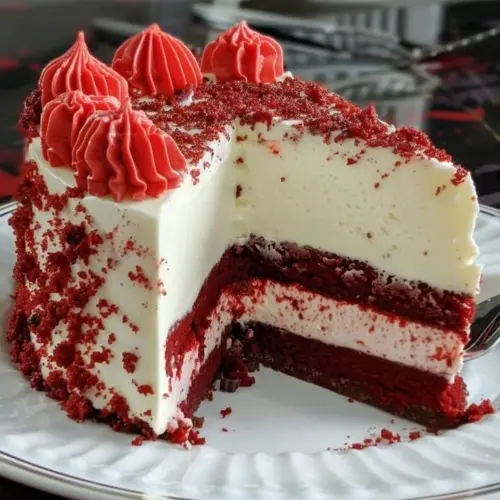 Layered red velvet white chocolate cheesecake with rich creamy texture and red color.