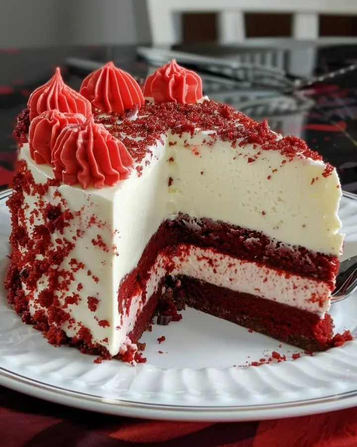 Layered red velvet white chocolate cheesecake with rich creamy texture and red color.