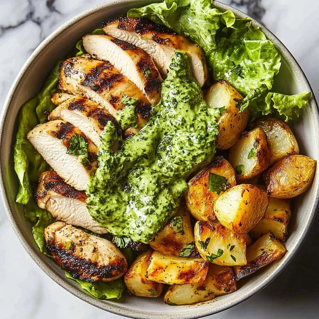 Lean Chicken Avocado Caesar Salad topped with leafy greens and creamy dressing