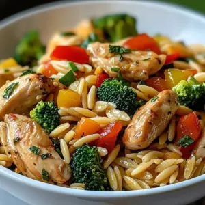 Delicious Lemon Chicken Stir-Fry with colorful vegetables and orzo pasta