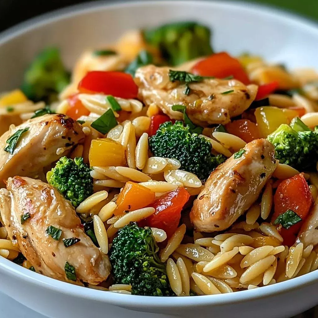 Delicious Lemon Chicken Stir-Fry with colorful vegetables and orzo pasta