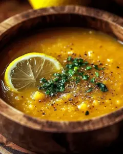 Bowl of lemon lentil soup garnished with fresh herbs