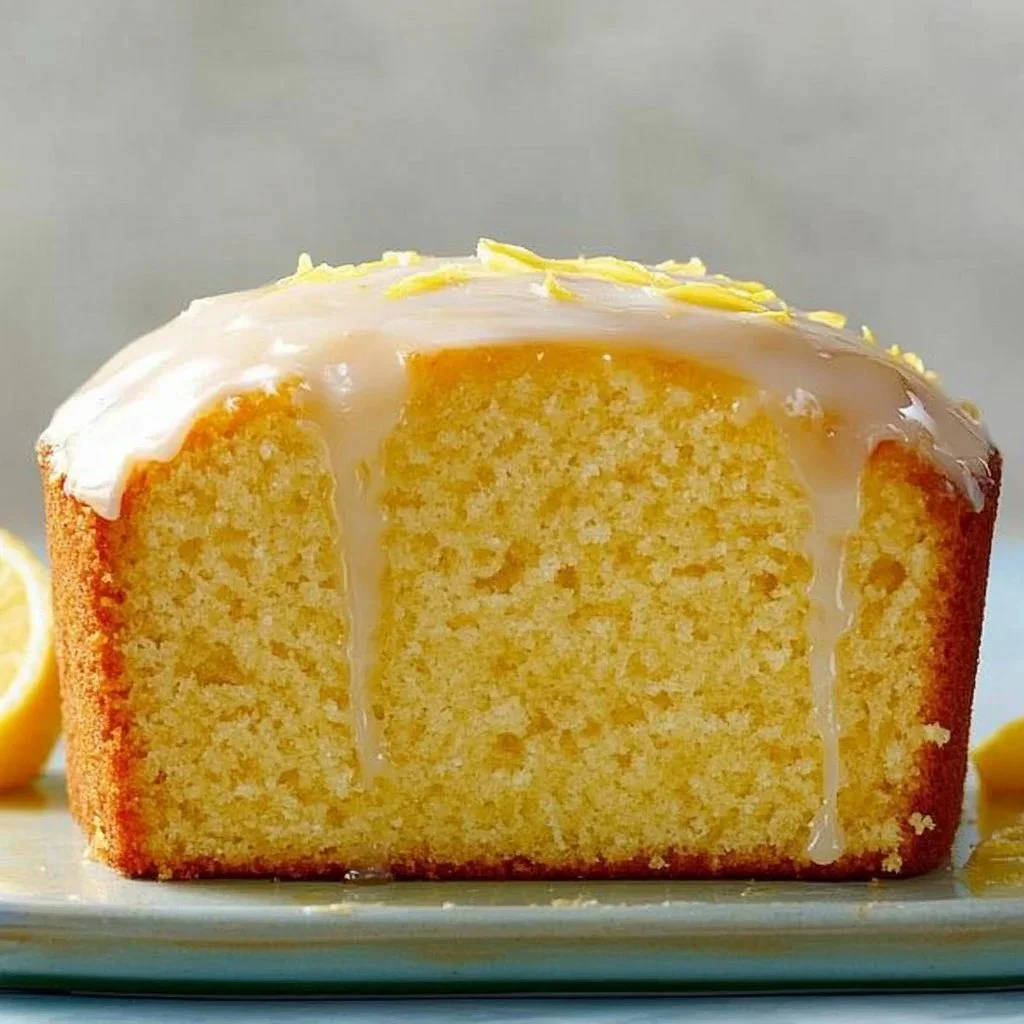 Slice of Lemon Olive Oil Pound Cake with lemon zest garnish