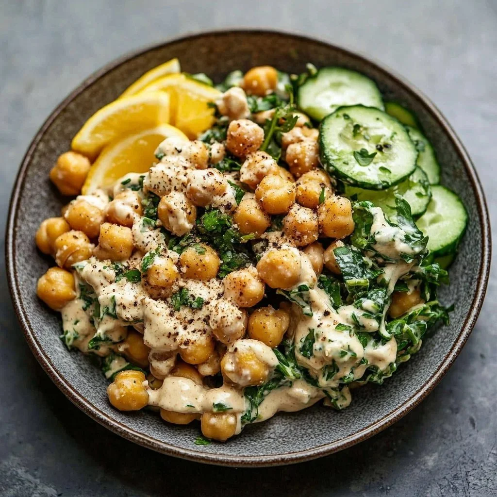 Lemon Tahini Creamy Chickpea Salad in a bowl with fresh ingredients