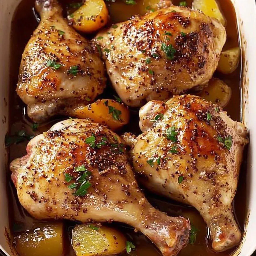 Maple Mustard Glazed Chicken garnished with herbs on a plate