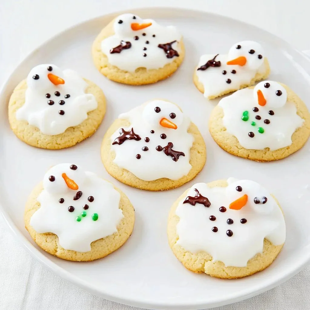 Melting snowman cookies decorated with icing and candy