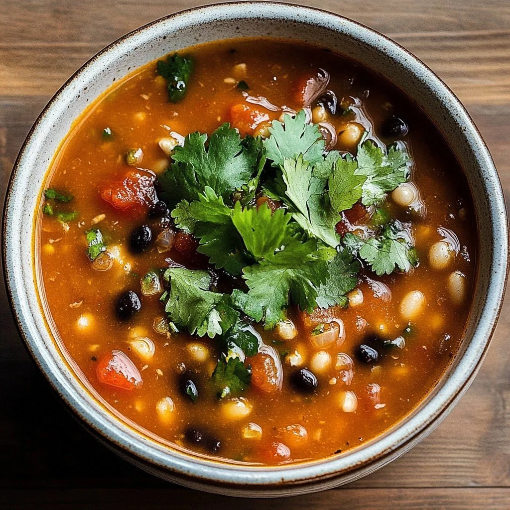 Bowl of Mexican bean and rice soup with beans, rice, and spices
